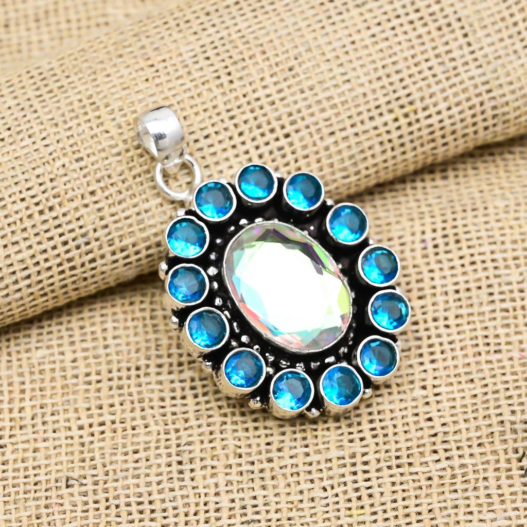 Mystic, Blue Topaz Gemstone 925 Solid Sterling Silver Jewelry Pendant For Wedding Gift