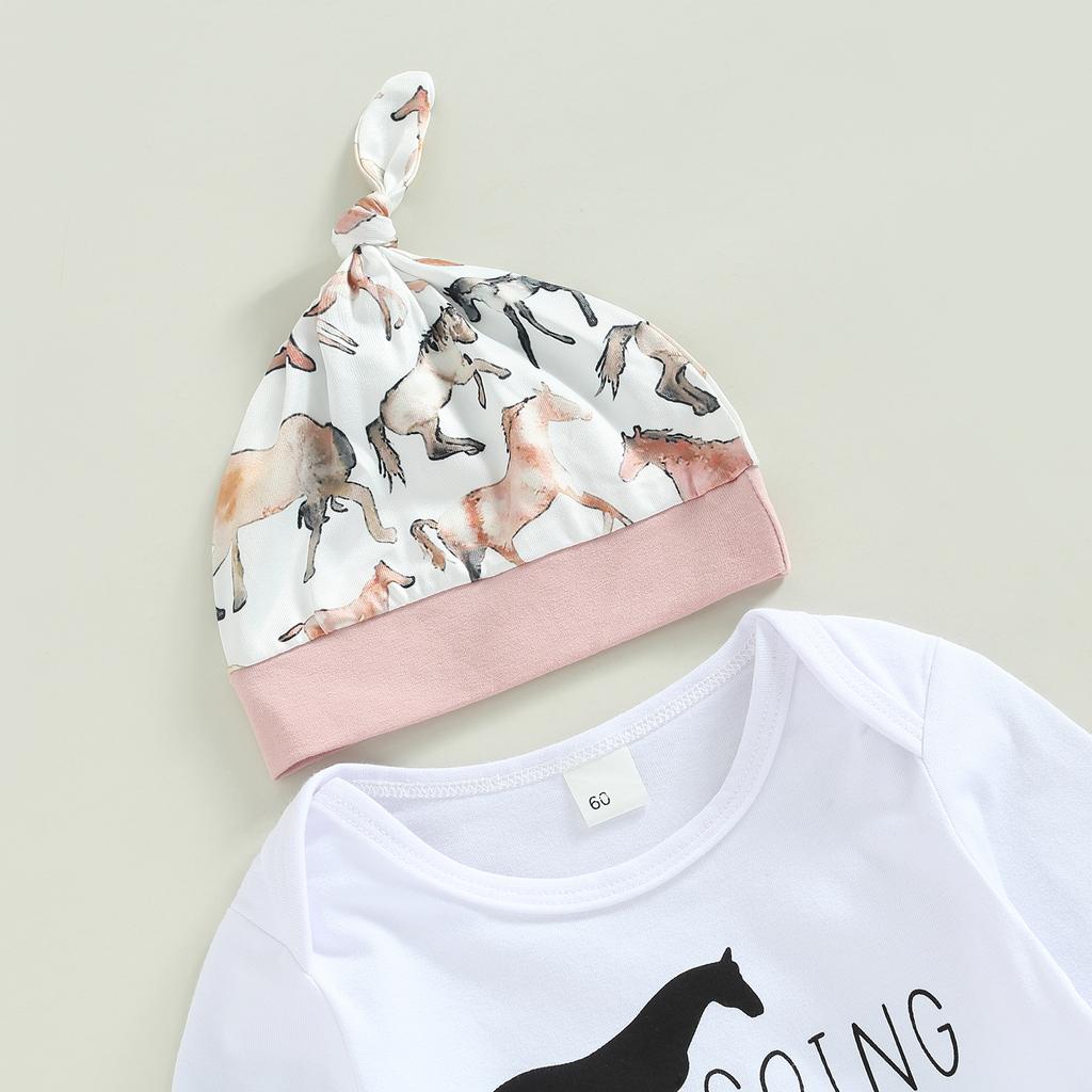 Infant Girl Autumn Jumpsuit Set, Long Sleeve Round Neck Letter Print Romper + Horse Pattern Pants + Hat