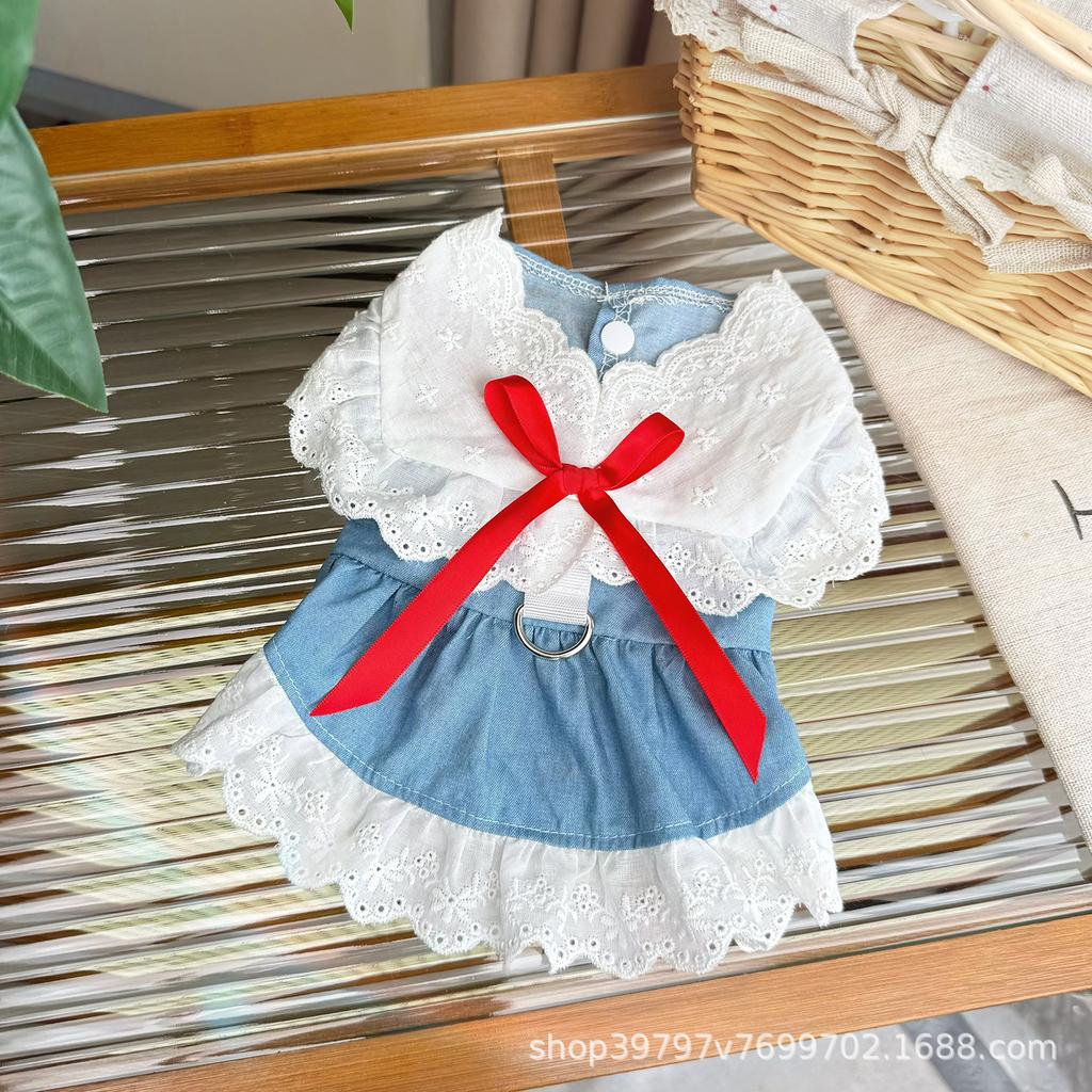 Spring and Summer Denim Lace Princess Skirt Pet Dog Cat Clothes Breathable Skirt Than Bear Dog Skirt