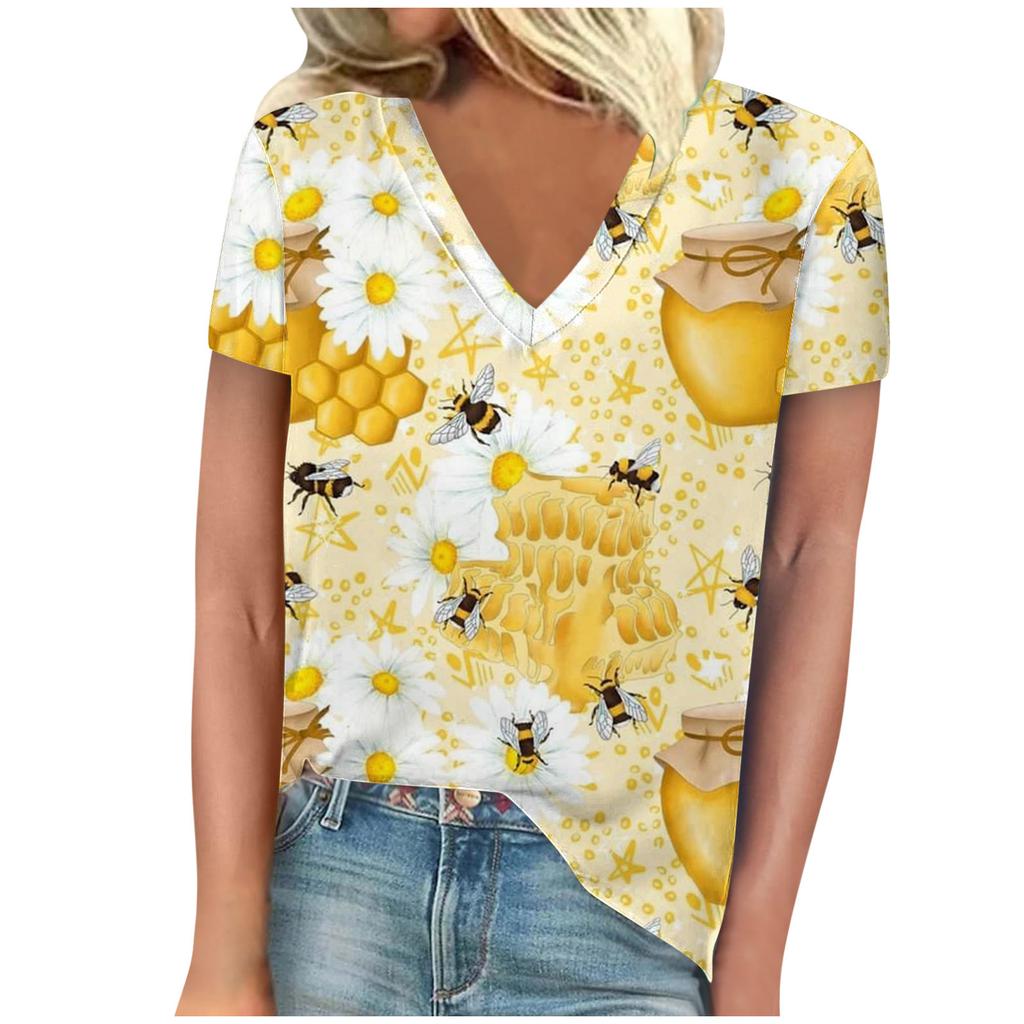 Винтажная женская футболка с принтом пчелы, с коротким рукавом, с V-образным вырезом, удобные футболки