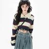 Striped Knitted Sweater Women's Autumn Loose Sweet Kawaii College Style Retro Lapel Crop Top Hit Color Design New