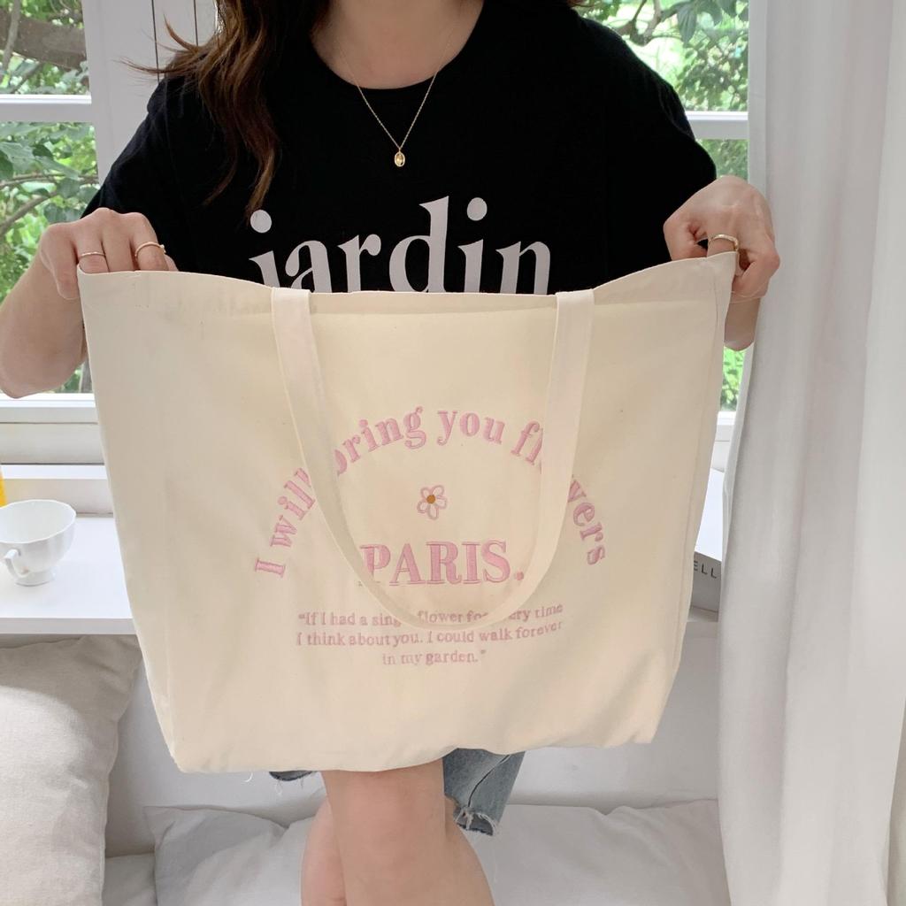 Women Letter Embroidery Shoulder Canvas Large Capacity Student Tote Bag