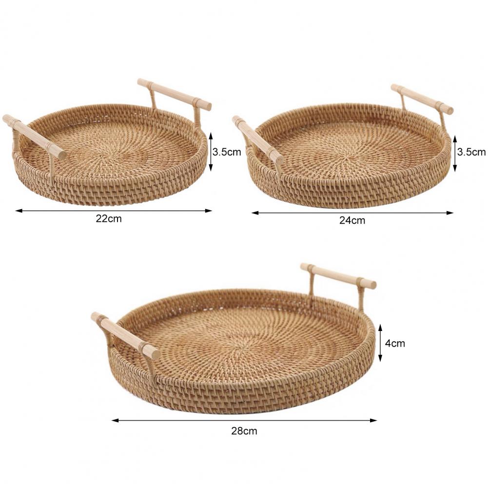 Плетеный поднос для фруктов, круглая корзина для хранения из ротанга, поднос с деревянной ручкой, тарелка для хлеба, фруктов, торта, еды, поднос для сервировки дома