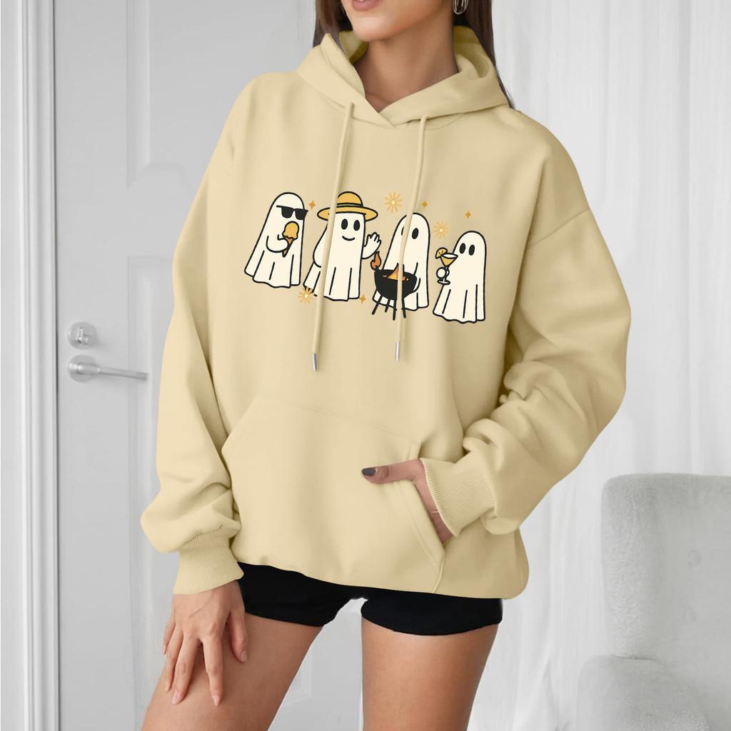 Женская повседневная модная удобная толстовка с круглым вырезом, капюшоном и длинными рукавами с принтом на Хэллоуин, теплая