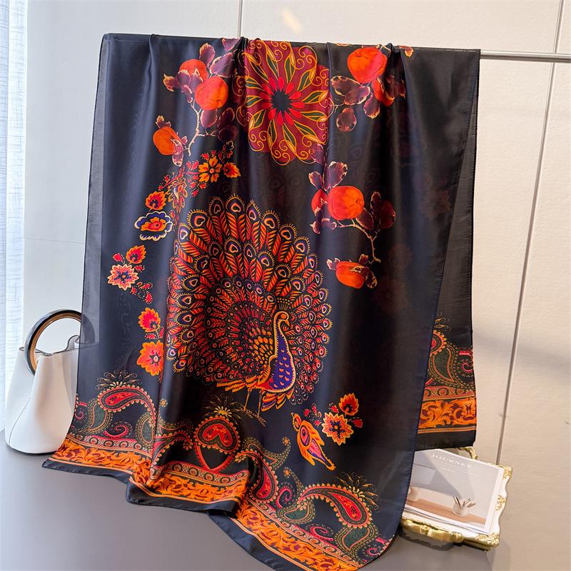 Spring and Summer Thin Peacock Simulation Silky Brocade Fashion Silk Scarf Long Scarf Silky Print Shawl Versatile Headscarf Scarf