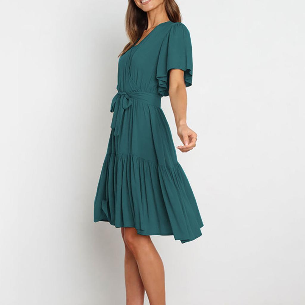 Модное женское однотонное повседневное платье с v-образным вырезом и коротким рукавом на талии