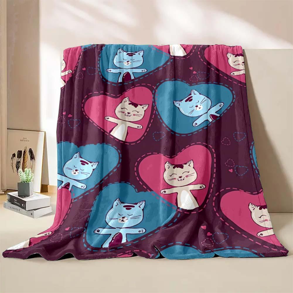 Cute cat print blanket home travel camping blanket single layer flannel shawl blanket soft cartoon fleece blanket