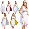 Womens Ancient Greek Roman Tunic Dress Long Cape Sleeve Gold Trim Asymmetrical Hem Halloween Dance Costume