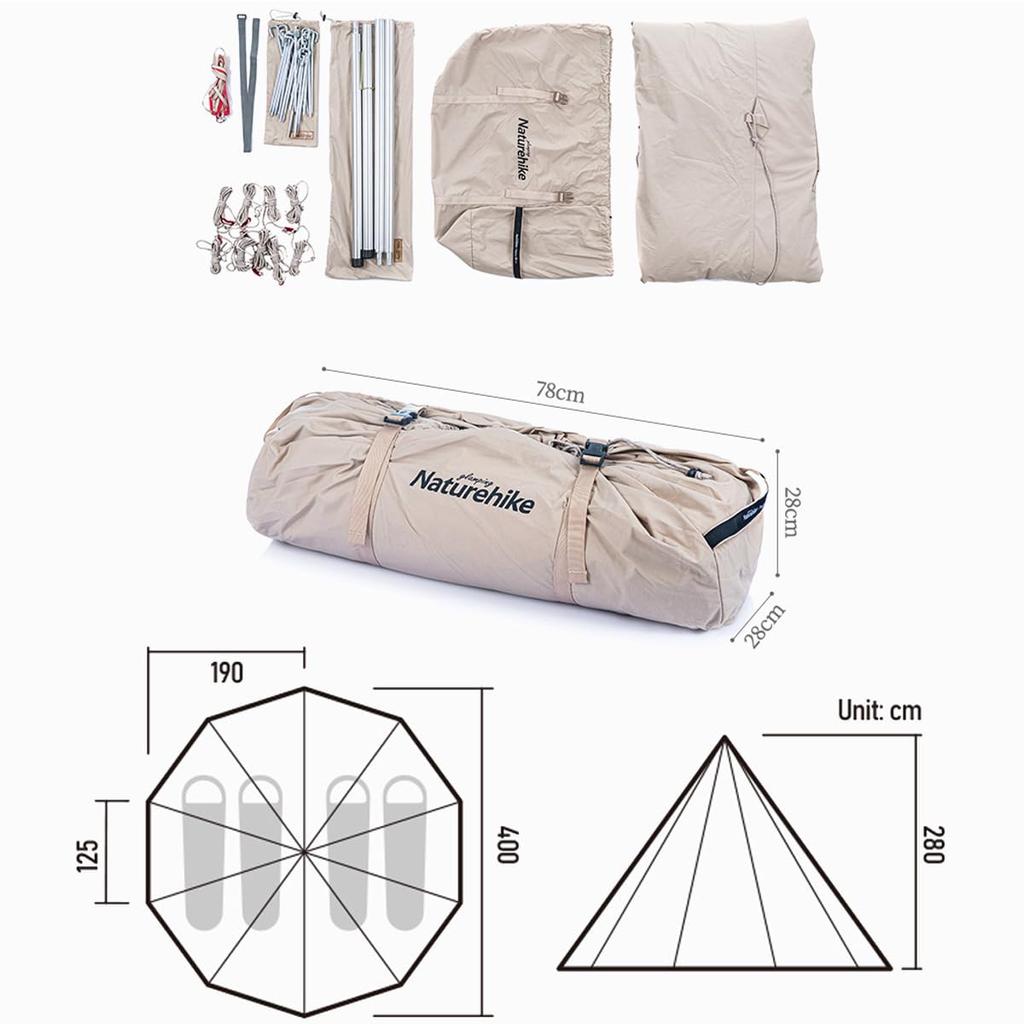 Палатка Naturehike One Pole Tent TC Материал Хлопок Характеристики Водонепроницаемая хлопковая парусина Семейная кемпинговая палатка Кемпинговая палатка с колокольчиком на 4 сезона из хлопка (хаки