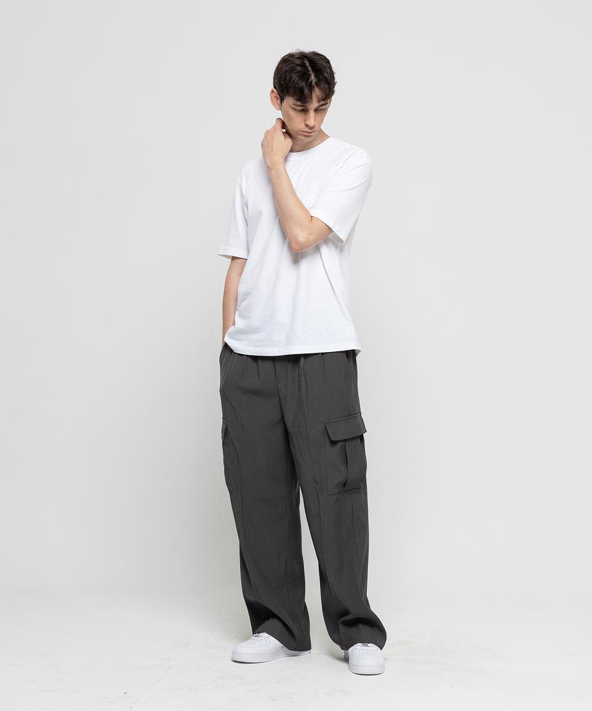 CHAMBROS Cargo Pocket Wide Double-Pleat Elastic Slacks [Gray]