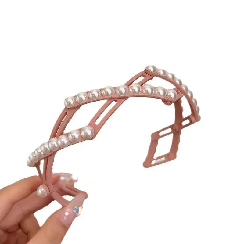 Выдвижная складная повязка для волос с жемчугом для женщин и девочек, нескользящая повязка на голову, повязка для мытья лица, укладка волос для девочек, плетение сломанных волос