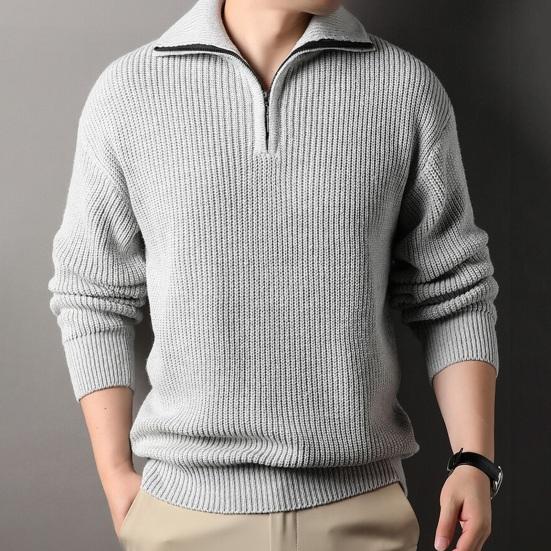 Men Fall Winter Sweater Lapel Loose Half Zipper Long Sleeves Mid Length Solid