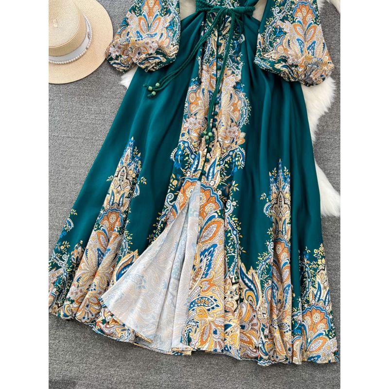 Retro Lantern Long Sleeve Stand Collar Elegance Print Dress