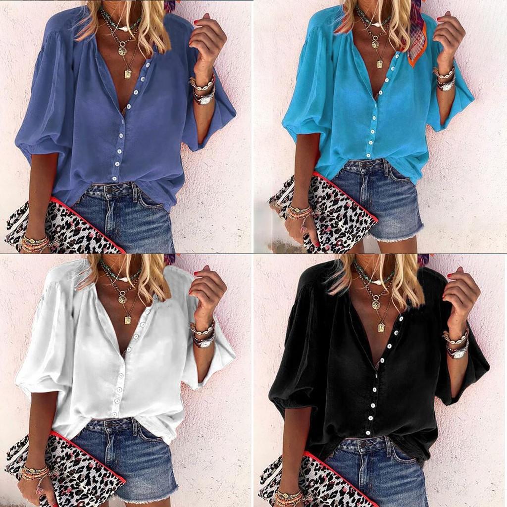 Stylish Women's 3/4 Sleeve Shirt Top Comfortable Loose Fit Button Down Blouse T-shirt