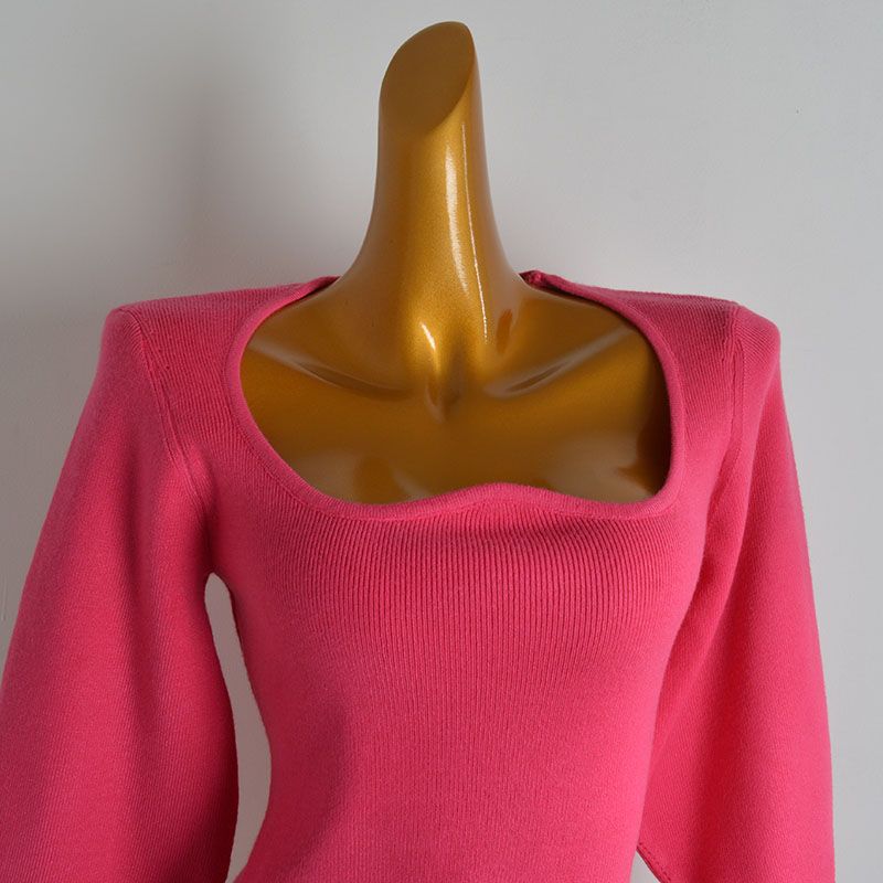 French Style New Solid Pullover Open Collarbone Lantern Sleeve Knit Women's Spring Autumn and Winter Slim Fit Slimming Bottoming Shirt Top