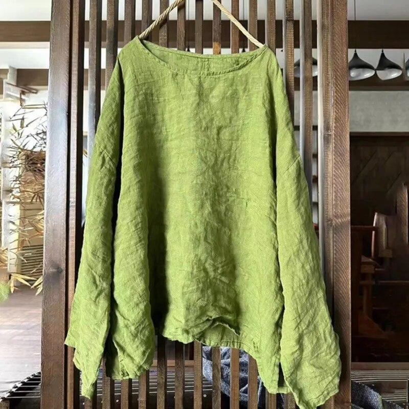 Johnature Women Vintage T-Shirts O-Neck Long Sleeve Solid Color Spring Tees Casual Loose Women Soft T-Shirts