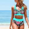 Women's Shoulder Strap Swimsuit Retro Festive Patterns Print Bikini Tankini Swimsuit Hanging Neck Swimsuit