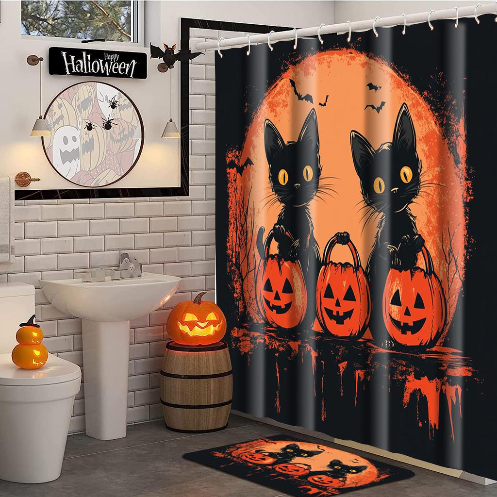 Halloween Cats Pattern Bathroom Shower Curtain With 12  Hooks Home Bathroom Decor And Accessories