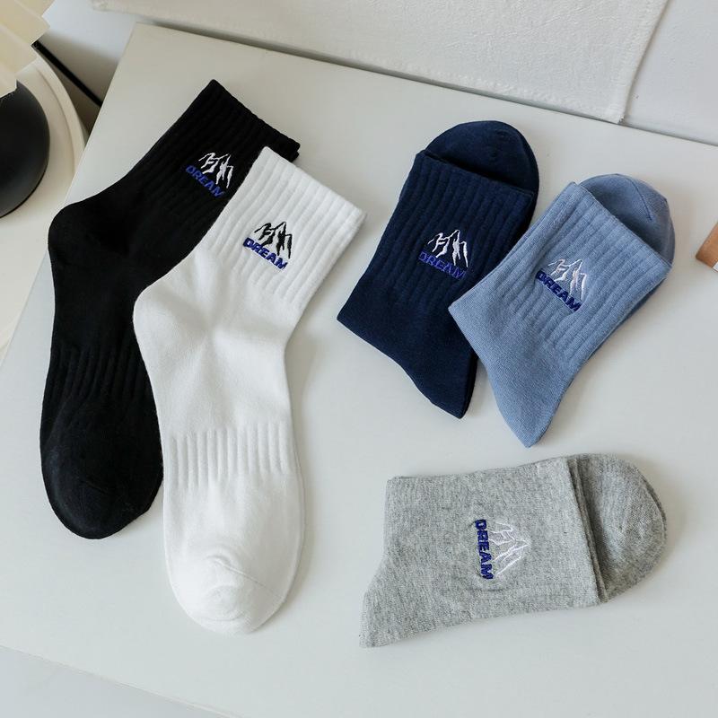 5/10 Pairs Spring Autumn Men's Solid Colour Elastic Waist Embroidered Trendy Casual Sports Socks Breathable Sweat Wicking Mid Calf Socks