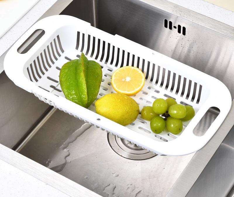 Kitchen Retractable Drain Basket Tableware Storage Racks Fruits Vegetables Cleaning Basin Plastics Water Channel Drain Basket