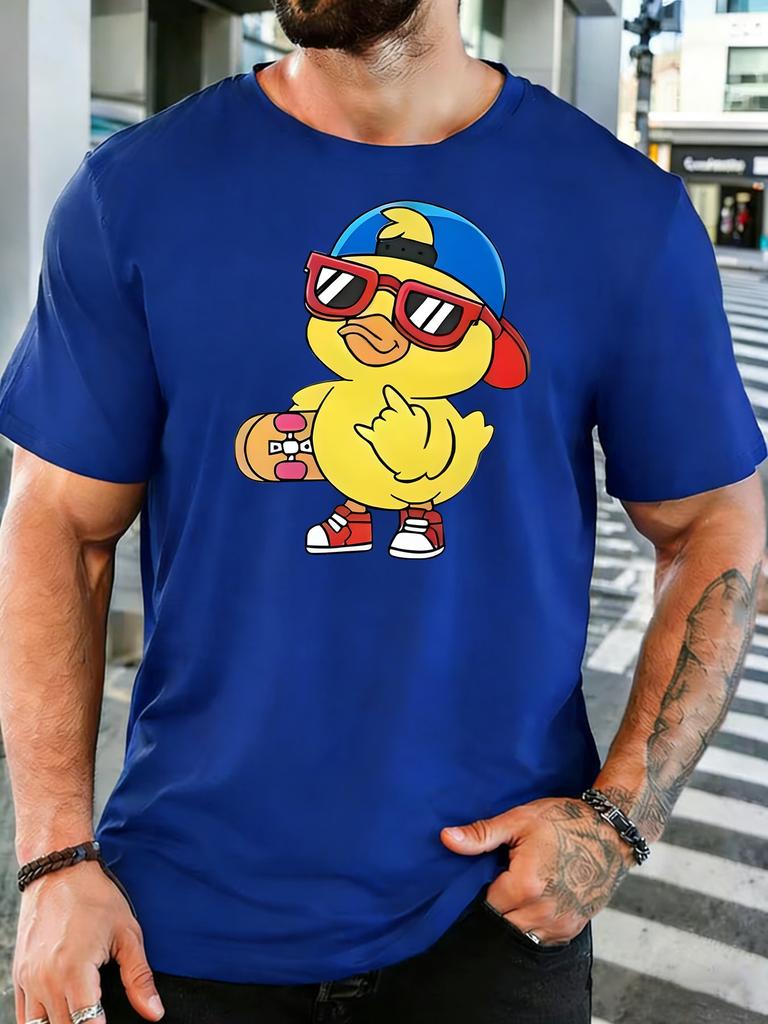 Cool Skateboarding Duck Cartoon Graphic Unisexs Cotton Crew Neck Short Sleeve Tee Loose Casual Summer Daily Street Male Comfort Top