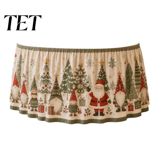 Christmas Table Skirt Skirt, Santa Claus Elk Prints, Elastic Edge, Dining Decor, Holiday Elf Xmas Tree Festive for Home Party Decoration Dinner