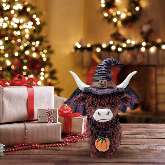Halloween Highland Cow Resin Figurine Wizard Hat Pumpkin Broom Cattle