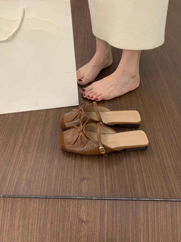 French Flat-bottomed Evening Wind Bag Head Half Slippers Women's Outer Wear Summer One-pedal Bow Square Head Muller Shoes Sandals