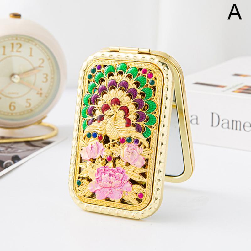 Складное Ретро Ручное Зеркало для Макияжа Компактное Карманное Зеркало с Принтом Павлина Двустороннее Прямоугольное Зеркало для Макияжа и Туалетного Столика