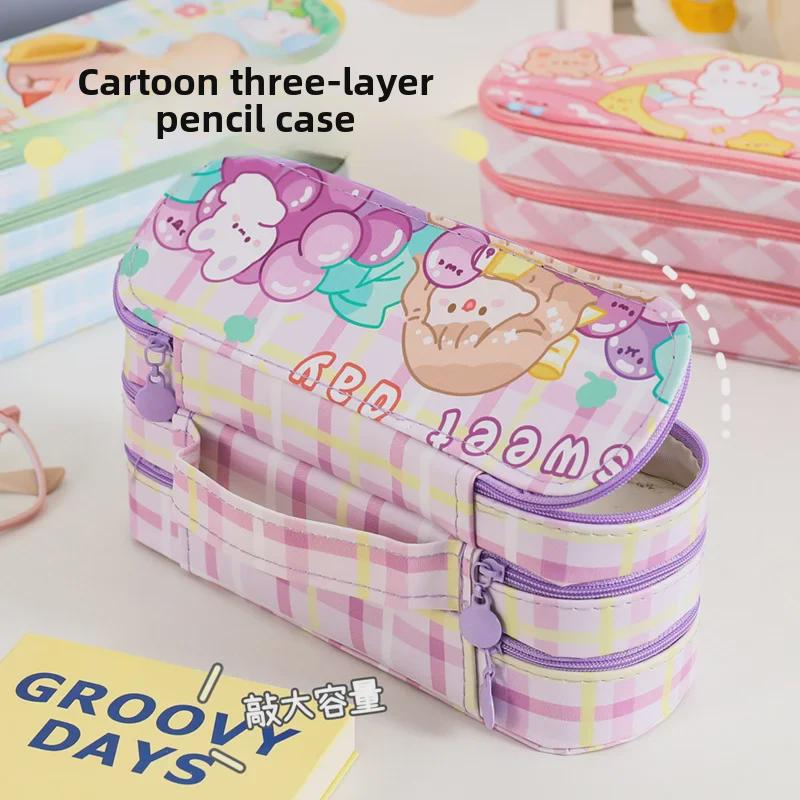 Трехслойный мультяшный пенал: Милый, Вместительный для Учеников Начальной и Средней Школы