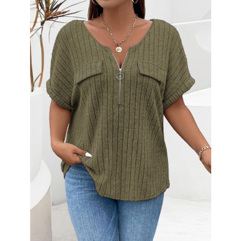 BITCED Весенне-летние однотонные женские топы больших размеров с коротким рукавом на молнии с ложными карманами, свободная футболка