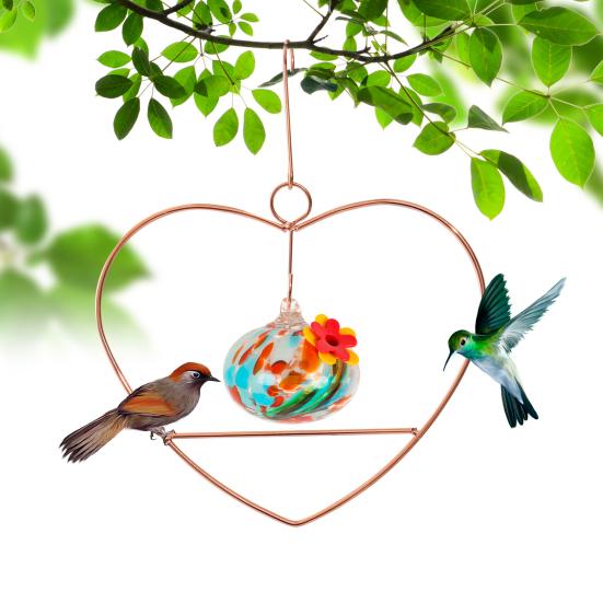 Heart-Shaped Hummingbird Feeder Hanging Water Feeder with Perch Colorful Glass Bottle Wire Frame Hummingbird Feeder for Porch Yard Garden Outdoor