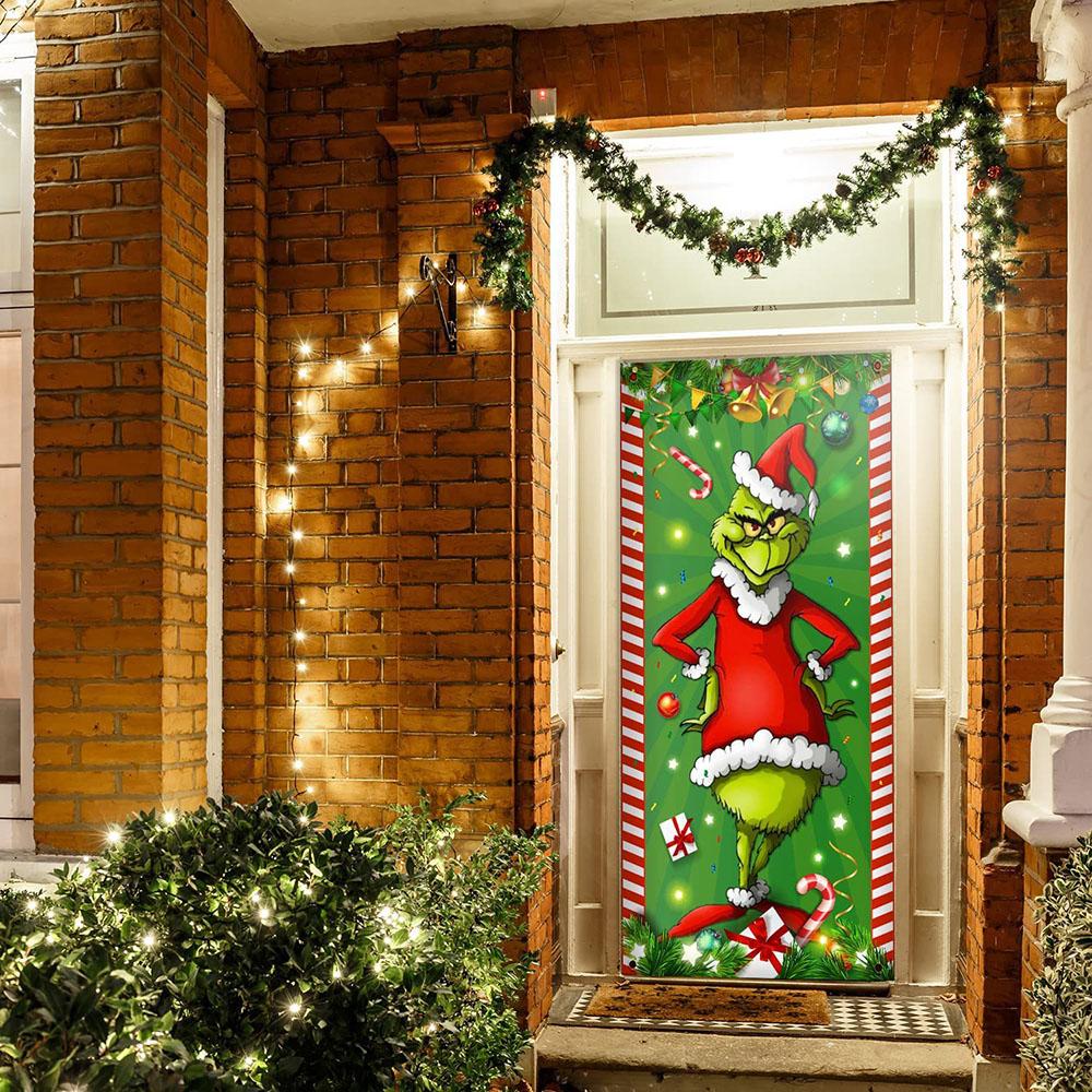 Merry Christmas Grinch Christmas Door Cover Decorations Banner Grinch Green Backdrop