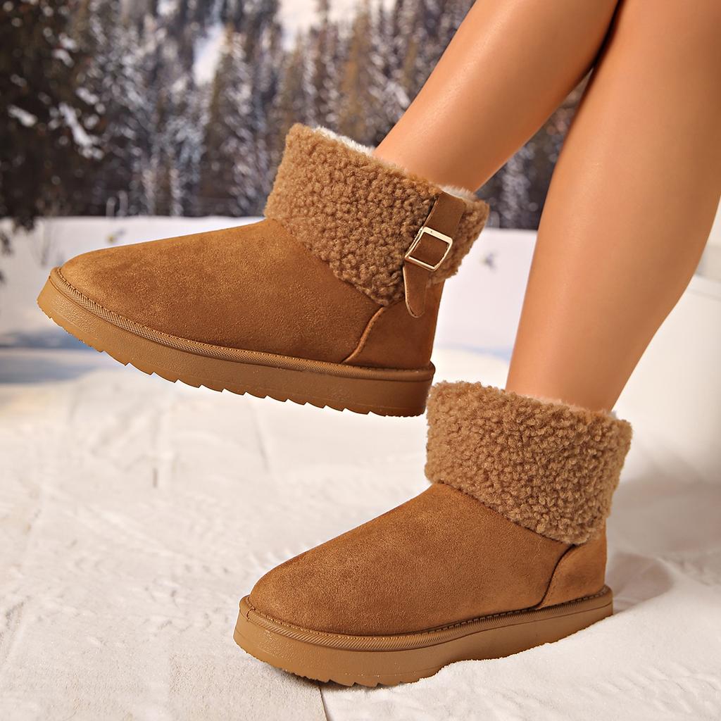 Faux Fur Non Slip Snow Boots Women 2025 Winter Round Toe Thick Bottom Ankle Boots Brown Warm Short Plush Cotton Booties