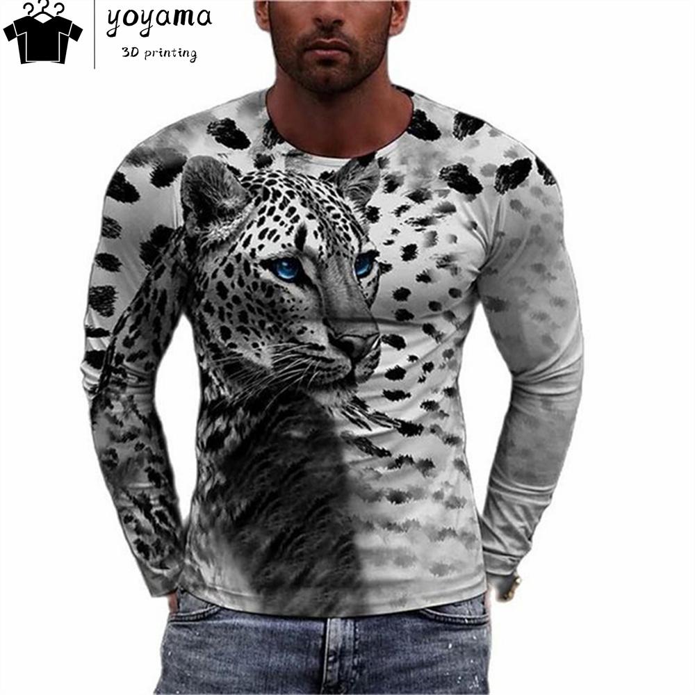 Футболки с принтом тигра Мужская одежда Модная мужская футболка с круглым вырезом и длинным рукавом Повседневная свободная мужская одежда с принтом тигра Топы