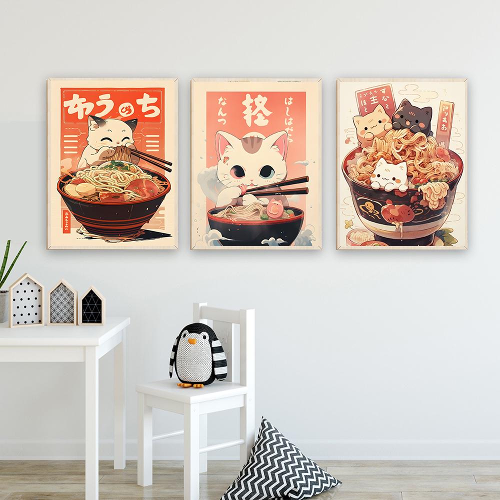 Kawaii Japanese Ramen Canvas Painting Animal Cats Posters and Prints Noodles Food Wall Pictures for Kitchen Room Home Decoration