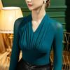 New Spring and Autumn Season Temperament Commuting Simple Sexy V-neck Mesh Slim Fit Solid Color Women's Versatile T-shirt
