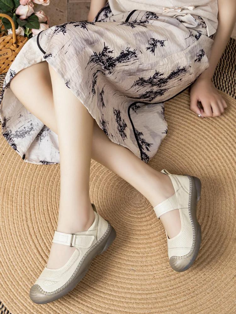 Johnature Genuine Leather Soft Soled Flat Shoes Retro Round Toe Shallow Versatile Comfortable Women's Shoes