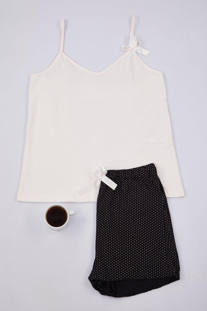 Women's Fashion Green 100% Cotton Polka Dot Ribbon Bow Rope Strap Knitted Pajama Set