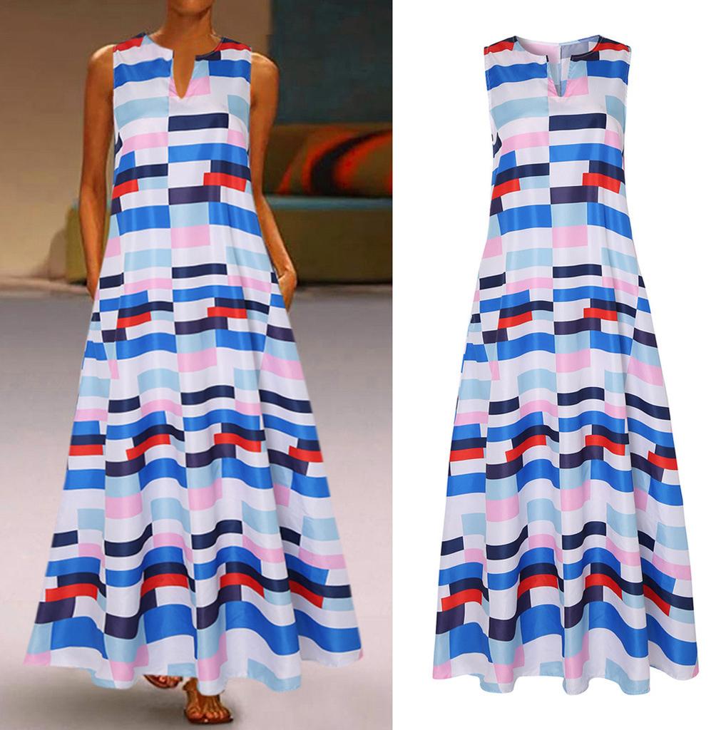 Женское модное повседневное ретро-платье с принтом и v-образным вырезом без рукавов, карманное платье