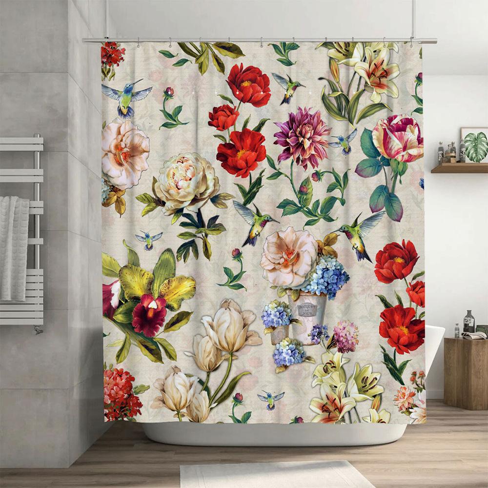 Vintage Floral Shower Curtain with Hummingbirds Watercolor Print Bathroom Decor for Home Decoration