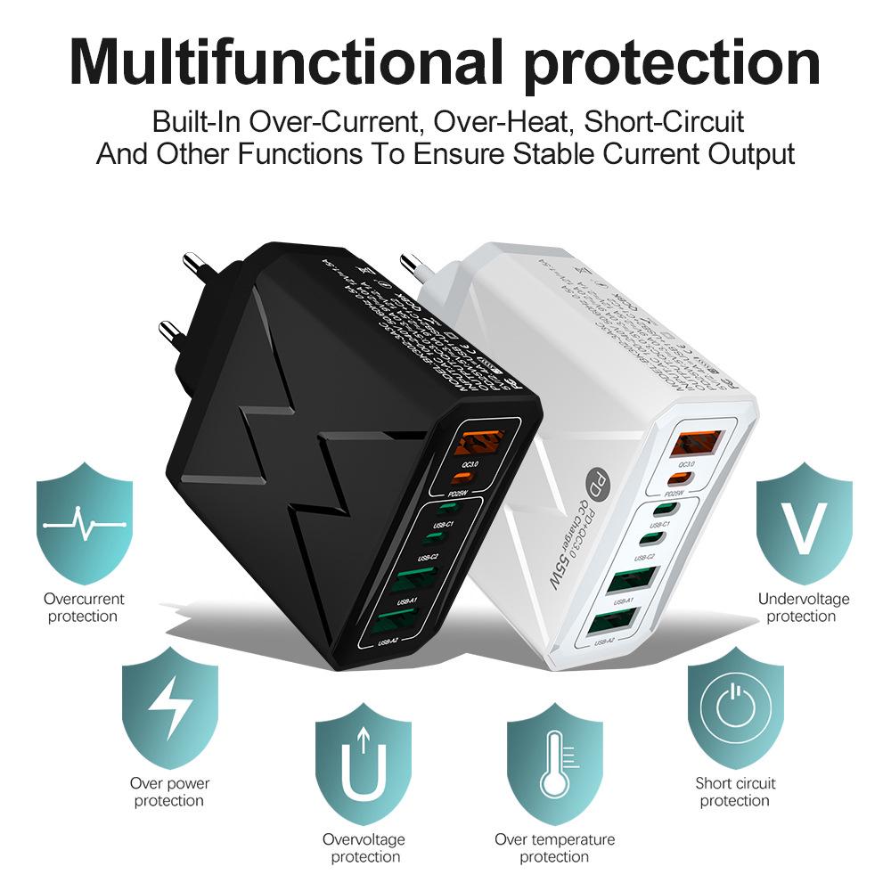 Быстрое зарядное устройство 55 Вт PD с 6 портами (3 USB и 3 PD), совместимое с QC3.0, штекеры EU/UK/AU