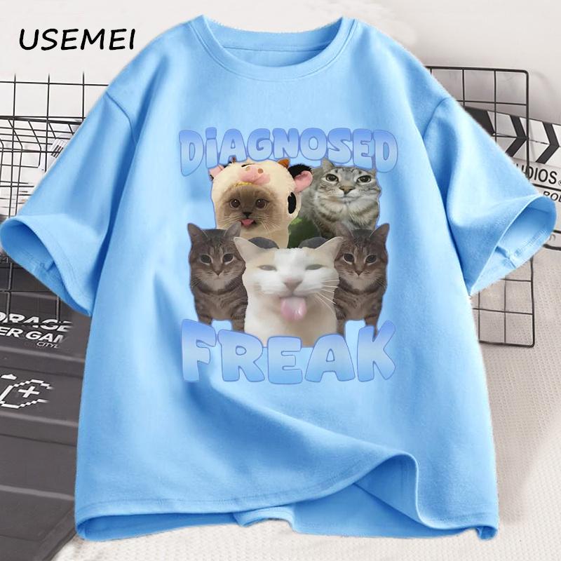 Diagnosed Freak Funny Cat Meme Tshirt Unisex Women Silly Cat Memes T Shirt Unisex Casual Round Neck Cotton Cat Tee Streetwear Tees
