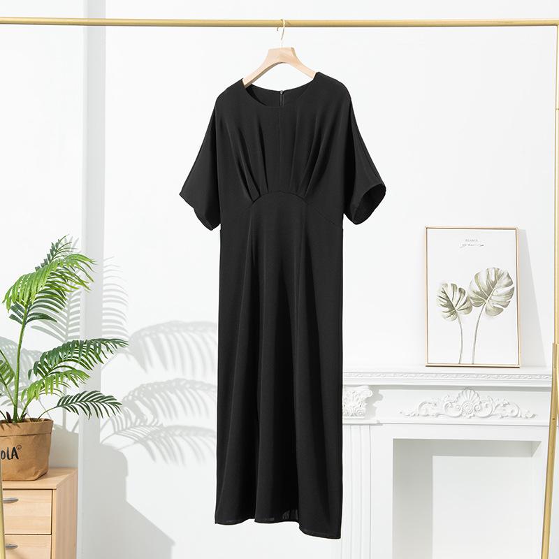 Women's Short Sleeve Real Silk Dress - Loose Fit, Solid Color, Round Neck, Long Length