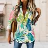 Women Plus Size Collared Long Sleeve Leaf Printed Shirt Button Front High Low Curved Hem
