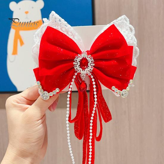 Китайская новогодняя заколка для волос с кружевными стразами, заколка для волос в стиле банта с кисточками, праздничный аксессуар для волос