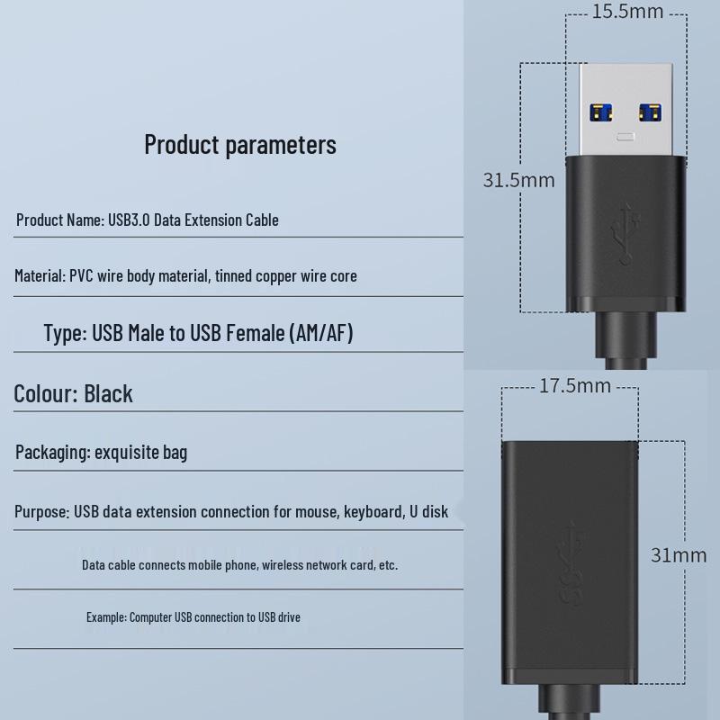 USB 3.0 Male To Female Full Wrap Extension Cable for Data Transfer, Compatible with U Disk, Keyboard, Mouse, and Other Devices.