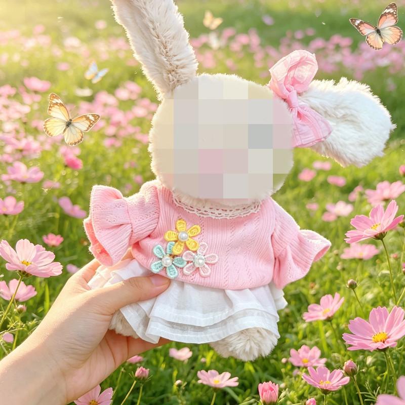 [Cloth Only]Doll Skirt Suit for 18CM Plush Dolls , a Cotton pink Shirt and Gauze Skirt Set with Three Flowers.