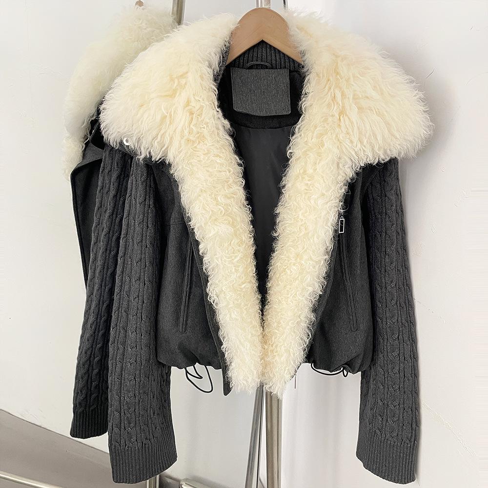Зимняя новая модная и универсальная дизайнерская толстая куртка с воротником из натуральной настоящей шерсти женская короткая пуховая куртка