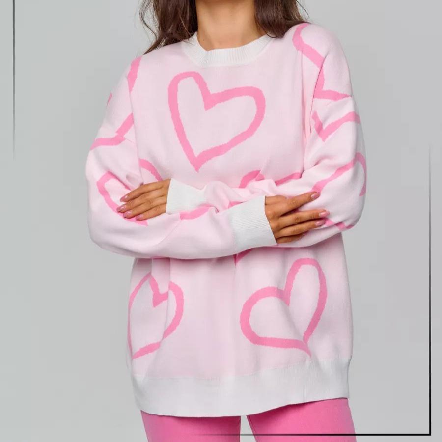 IHUASU Women's Love Jacquard Pullover O-neck Knit Jumper Autumn and Winter Fashionable Versatile Casual Tops